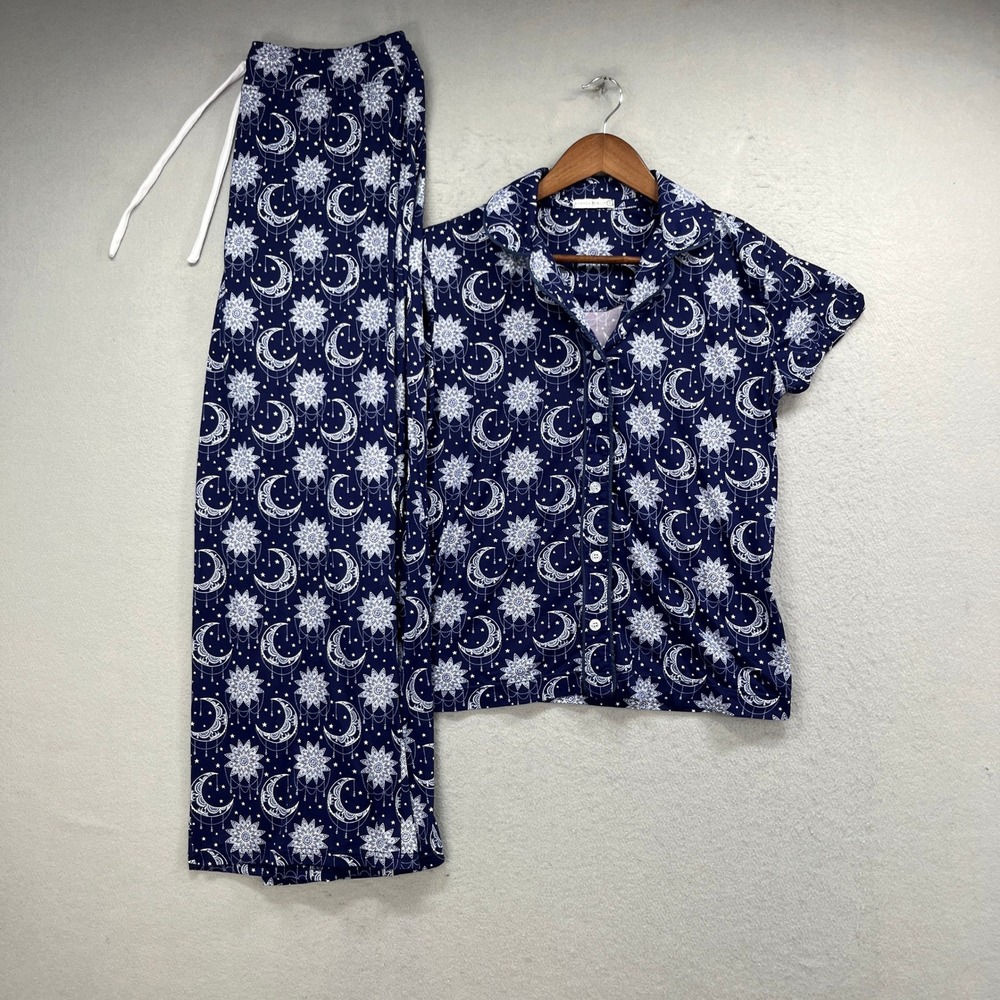 Amanda Blu Pajama Set Womens S/L Blue Moon Star Celestial Lounge Sleepwear PJs